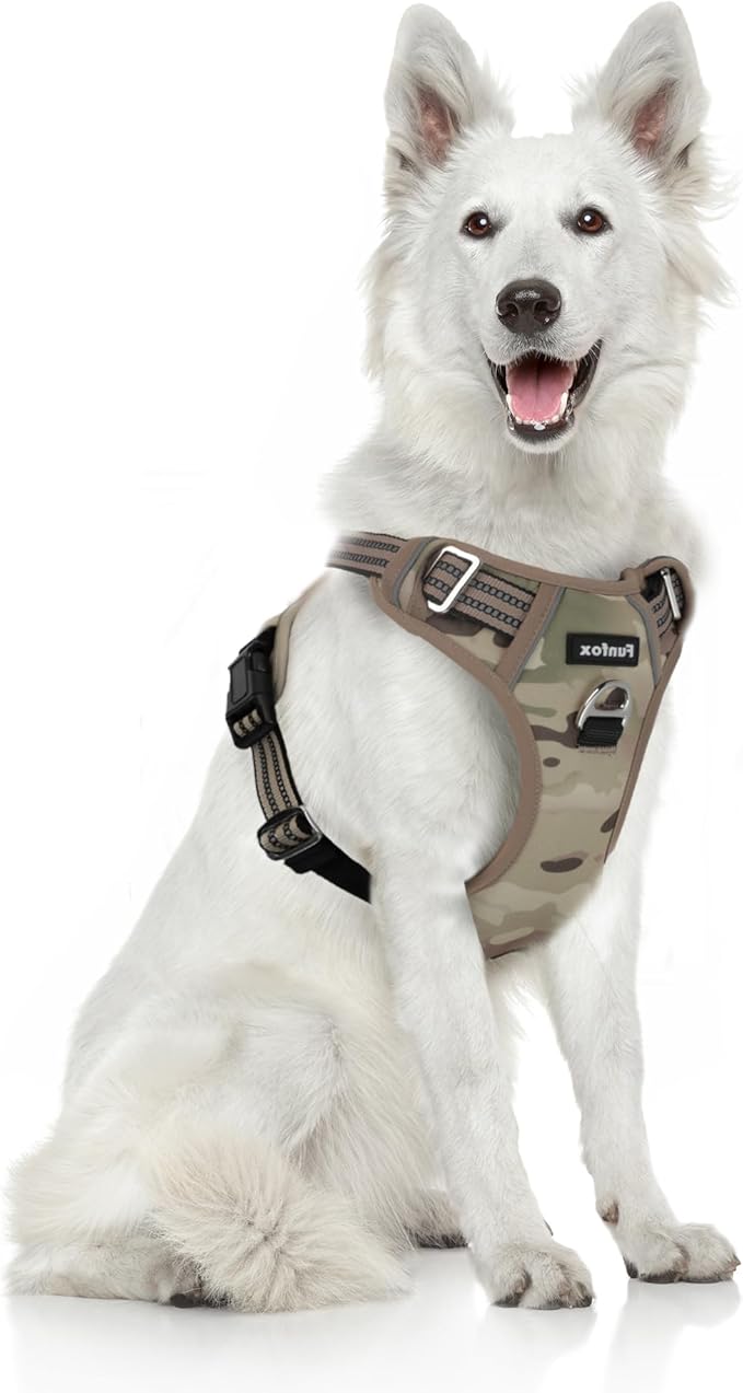 Funfox Dog Harness No Pull, Adjustable Pet Vest Harness, Super Soft Material with Vertical Handle Easy Control, Reflective Night Walking, 2 Leash Clips for XLarge Dogs, Camo Brown, XL-PawvioPets