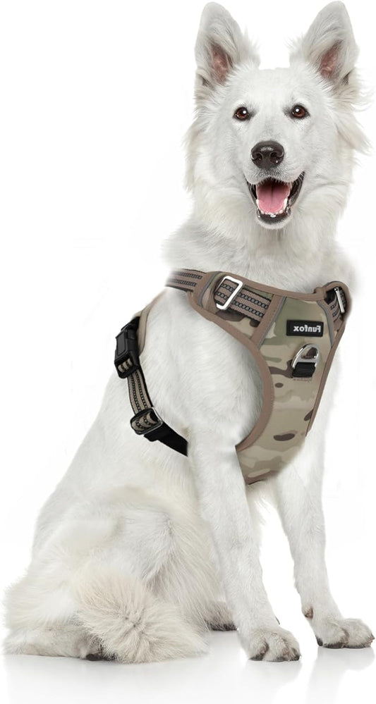 Funfox Dog Harness No Pull, Adjustable Pet Vest Harness, Super Soft Material with Vertical Handle Easy Control, Reflective Night Walking, 2 Leash Clips for XLarge Dogs, Camo Brown, XL-PawvioPets