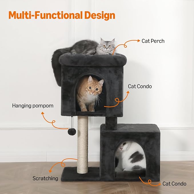 Amazon Basics 30 inch 2 Story Condo Cat Tree with Scratching Posts for Indoor Cats up to 16 lbs, Activity Center with Cozy Perch, Replaceable Hanging Pompom, Dark Gray-PawvioPets