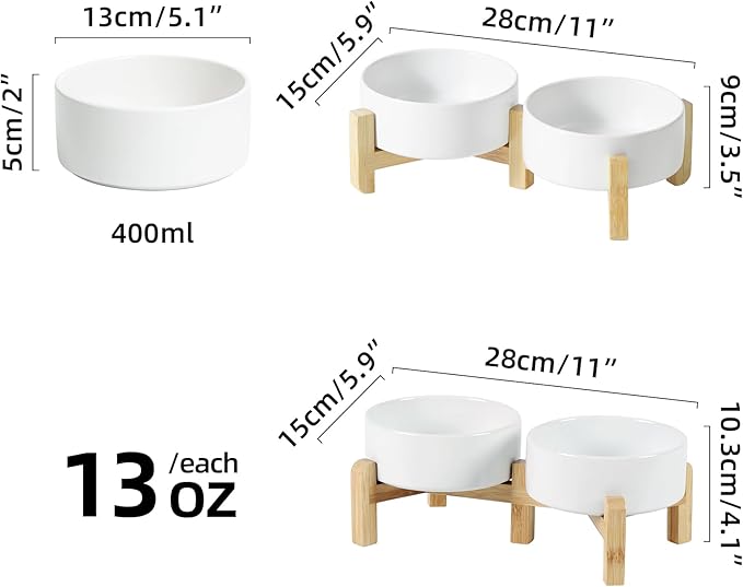 Ceramic Raised Double Bowls Set with Stand, 2 Heights Elevated, Food & Water Bowls for Small Breed Dogs, Cats, Kitty, Weighted Dog Dishes, Pet Bowls(5.1'',13.5oz, White)-PawvioPets