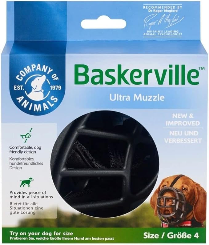 BASKERVILLE ULTRA MUZZLE - Patented Humane Design, Breathable, Dog can Pant and Drink, Adjustable, Padded, Training Muzzle for Medium-sized Dogs, Prevents Biting, Wildlife Scavenging (Size 3, Black)-PawvioPets