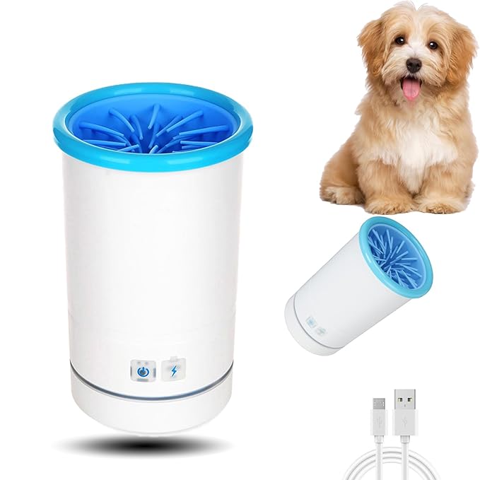 Automatic Dog Cleaner, Soft Electric Washer USB Rechargeable Portable Cleaner Cup, Dog Foot Cleaning Machine for Small to Medium Dogs Cats (White Blue)-PawvioPets