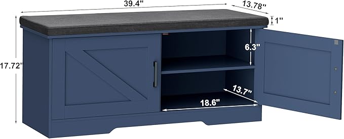 2-Tier Storage Bench, Shoe Bench with Padded Seat Cushion, Entryway Bench with 2 Barn Doors, Adjustable Shelf, 13.8" D x 39.4" W x 17.7" H, for Entryway, Living Room, Bedroom, Blue-PawvioPets