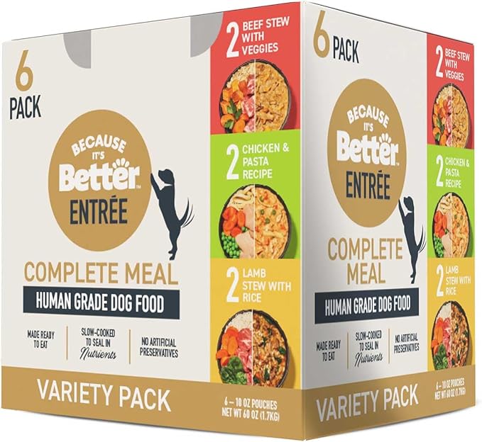 Because it's Better Entrée Complete Meal, Variety Pack, Human Grade Wet Dog Food, 10 oz Pouches, 6 Count-PawvioPets