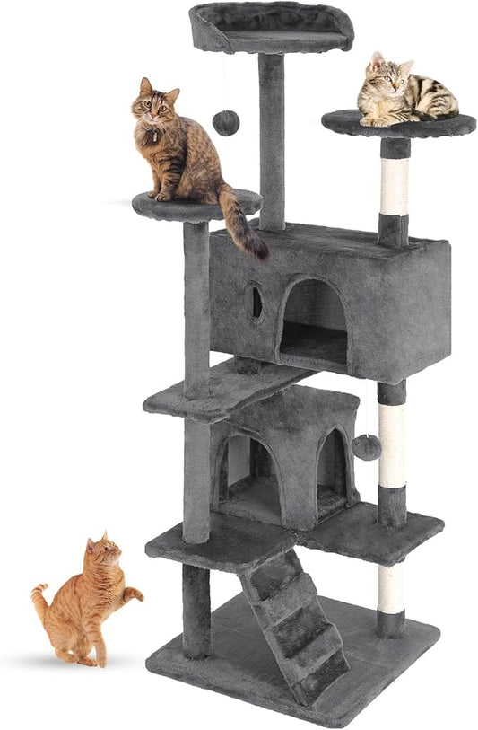FDW Cat Tree 54in Cat Tower Multi-Level Durable Cat Scratching Post & Cozy Fun Cat Jumping Platform Space Saving Cat Condo Pet Play House for Indoor Cats,Light Gray-PawvioPets