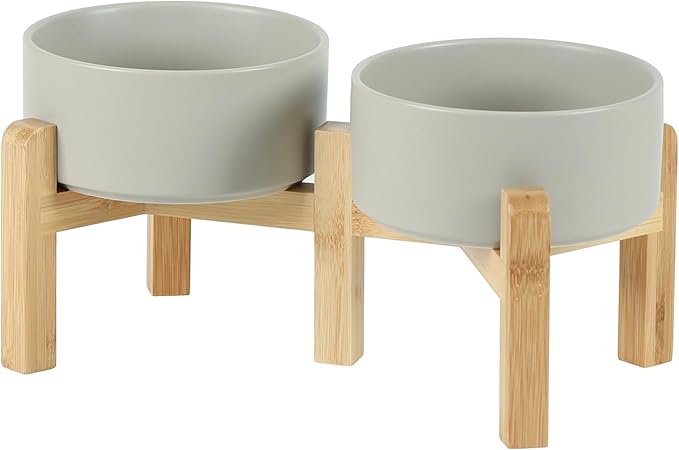 Ceramic Raised Double Bowls Set with Stand, 2 Heights Elevated, Food & Water Bowls for Small Breed Dogs, Weighted Dog Dishes, Pet Bowl(6.1'',28.7oz, Grey)-PawvioPets