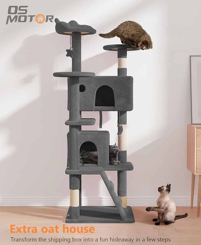 60" Cat Tree Tower for Indoor Cats Large Adult,Cute/Tall Modern Cat Tree for Big Cats 20 lbs, Plush Multi-Level Cat Condo with Scratching Posts,Dangling Ball (Smoky Gray, 60 inch)-PawvioPets
