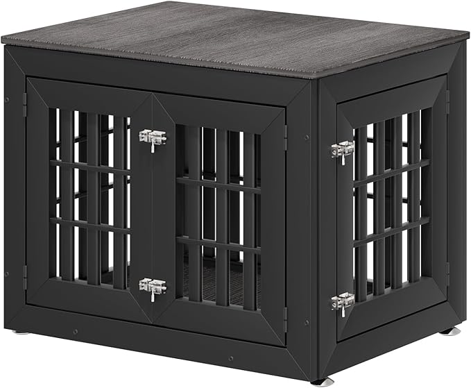 32" Heavy Duty Dog Crate Furniture for Small,Medium and Large Dogs,Rustic Wooden Dog Cage Kennel Indoor Furniture with Waterproof Top,Decorative Pet House Side End Table (Black & Grey)-PawvioPets