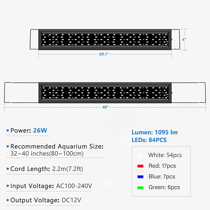 AQQA Full Spectrum Aquarium Light,Fish Tank Lights for Plant Growth Fish Viewing,3 Mode White Blue Red Green LED Beads,Timer,Adjustable Brightness,Extendable Brackets for Freshwater 26W for 32-40inch-PawvioPets