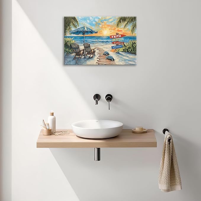 Beach Ocean Bathroom Pictures Wall Art, Seaside Coastal Bathroom Wall Decor, Sunrise Framed Painting Canvas Artwork for Bedroom Living Room Decorations 24"L x 16"W-PawvioPets