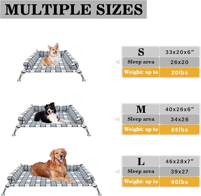 Elevated Raised Dog Bed Cot - Cooling Dog Bed with Pillows, Portable Washable Pet Cot with Metal Frame for Indoor & Outdoor Use-PawvioPets