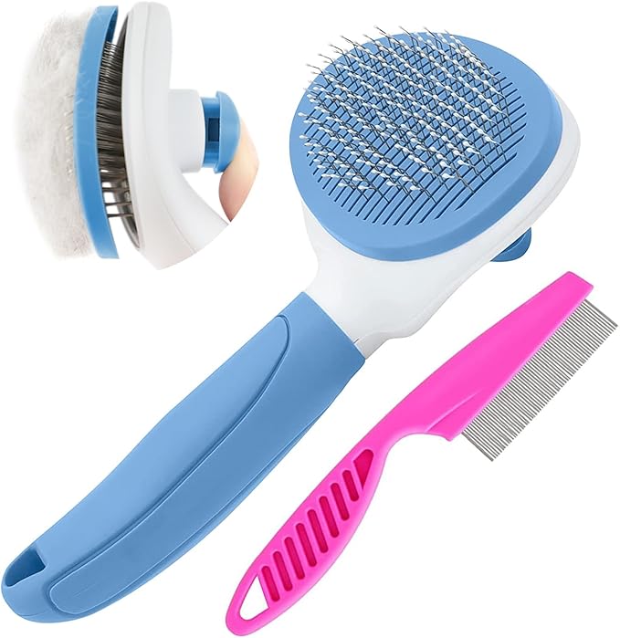 Cat Brush for Shedding and Grooming, Pet Self Cleaning Slicker Brush with Cat Hair Comb by KALAMANDA (Blue)-PawvioPets