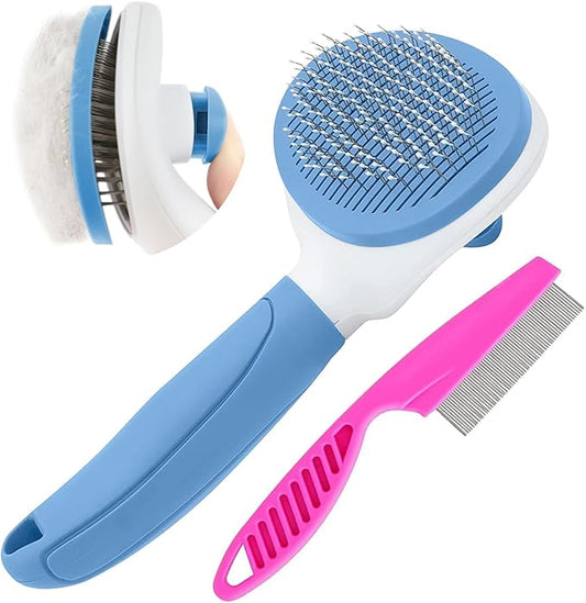 Cat Brush for Shedding and Grooming, Pet Self Cleaning Slicker Brush with Cat Hair Comb by KALAMANDA (Blue)-PawvioPets