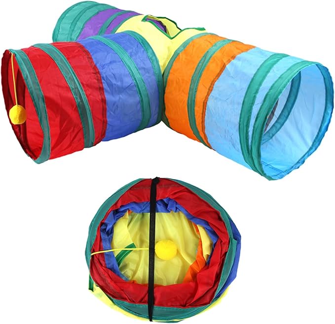 32Pcs Cat Toys Kitten Interactive Pet Toys Assortments, Foldable Rainbow Tunnel, Teaser Wand Fluffy Mouse Crinkle Balls Bell Play for Puppy Kitty (3 way)-PawvioPets