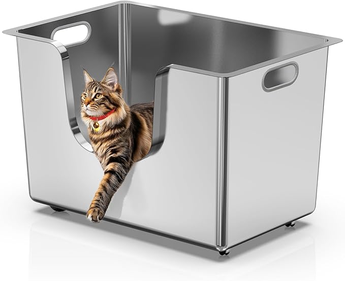 Enclosed Stainless Steel Cat Litter Box 13.8” High Sides, Extra Large Litter Box for Big Cats, XL Metal Kitty Litter Pan Pet Toilet with Wheels for Easy Mobility, Anti-Leakage, Non-Sticky, Easy Clean-PawvioPets