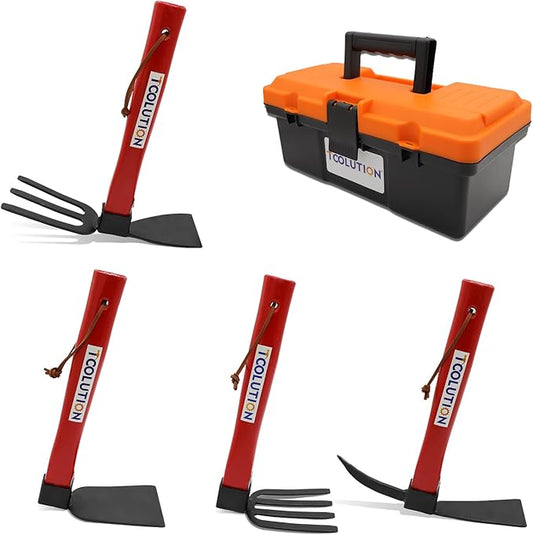Garden Tool Set with Tool Box 4 Piece Heavy Duty Gardening Tools Kit with Hoe Rake Shovel Fork Non Slip Handle Garden Hand Tools for Digging Weeding Planting-PawvioPets