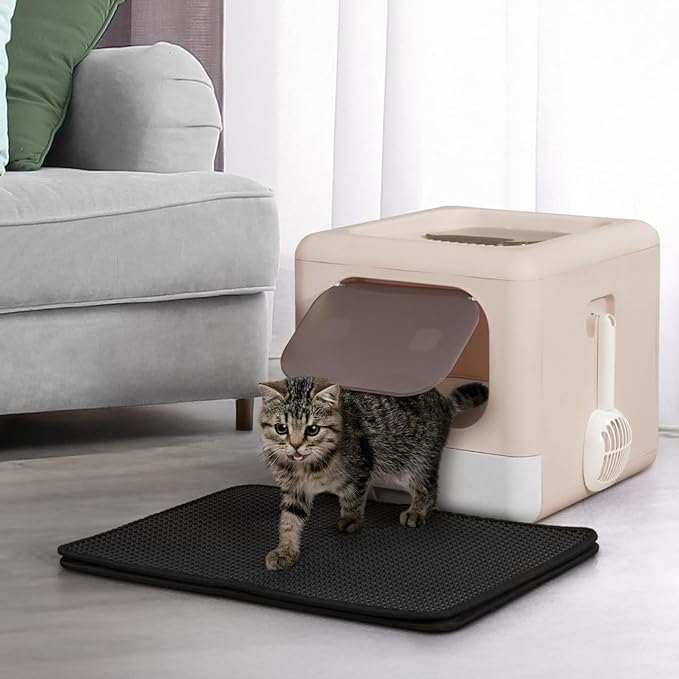 Foldable Cat Litter Box w/Lid, Scoop & Mat, Drawer Design Cat Toilet for Kitten, Two-Way Entry Kitty Litter Box, Odor Control & Easy to Clean, Beige/Pink-PawvioPets