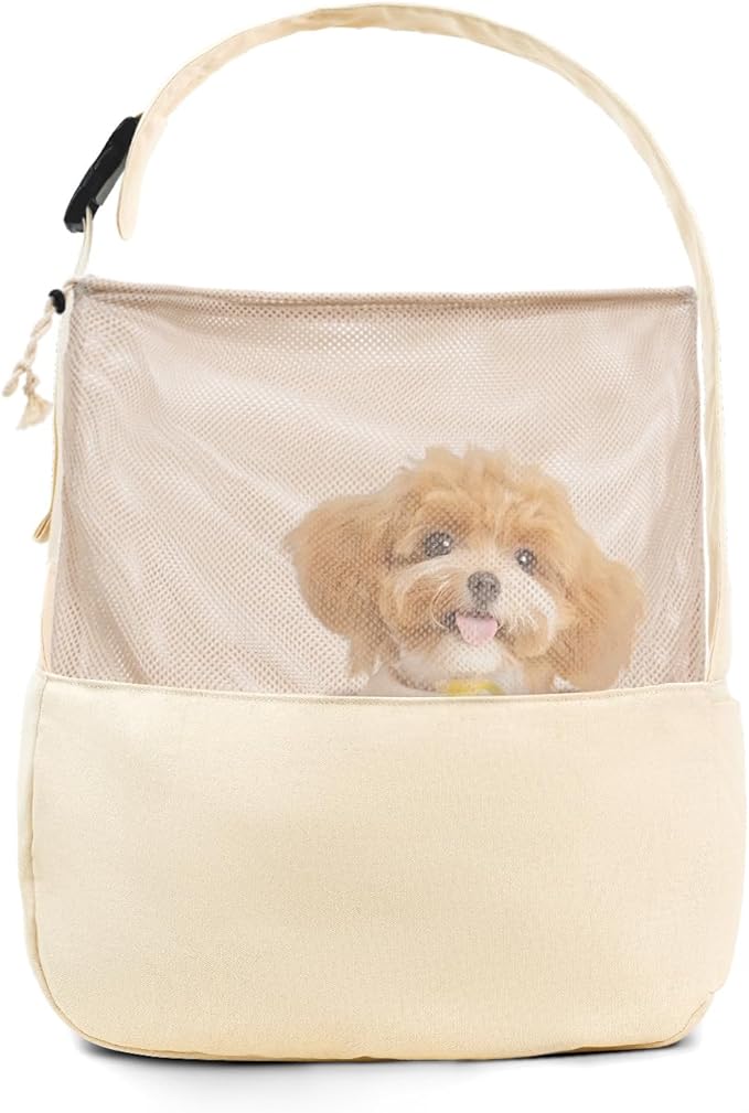 Dog Sling Carrier for Small Dogs and Cats, Lightweight Collapsible Pet Travel Bag with Adjustable Strap, Side Pockets & Breathable Mesh (Beige, 15.7" L x 5.9" W x 8.6" H)-PawvioPets