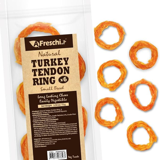 Afreschi Turkey Tendon Small Ring (S) 6 Pieces per Pack, USA-Sourced Turkey Tendon, All Natural Human Grade Puppy Chew, Hypoallergenic, Rawhide Alternative, Dog Treats for Small Breeds-PawvioPets