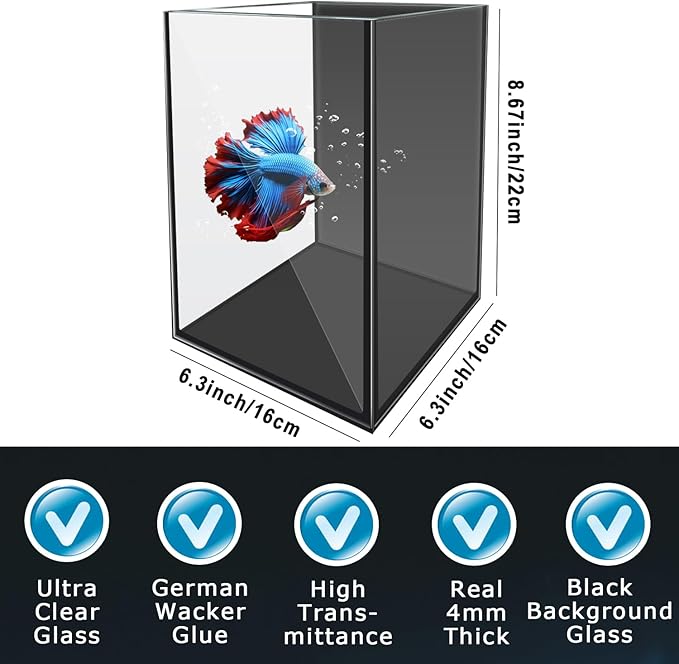 Glass Betta Aquarium Starter Kits 1.5 Gallon Small Fish Tank, Betta Fish Tank with LED Light, Power Filter, Black. 4mm Glass-PawvioPets