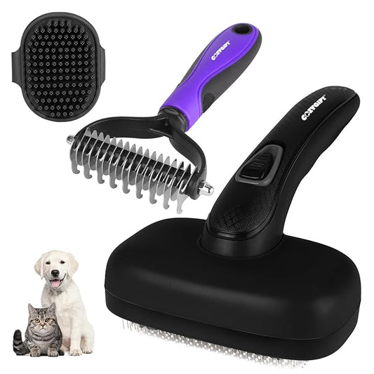 Dog Brush Kit – 3 PCS Grooming Set with Self-Cleaning Brush, Undercoat Rake & Pet Bath Brush. Great for Shedding, Tangles & Dirt Removal – Ideal for Long & Short Haired Dogs & Cats, Black-PawvioPets