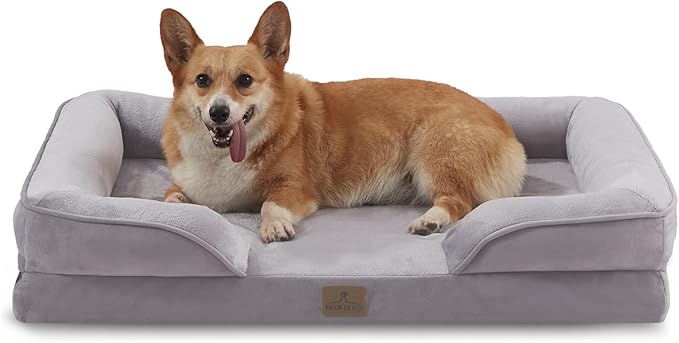 Bedfolks Orthopedic Dog Bed, Waterproof Dog Sofa Bed for Large Dogs, Egg Foam Pet Couch Bed with Removable Washable Cover and Nonslip Bottom, Light Grey-PawvioPets