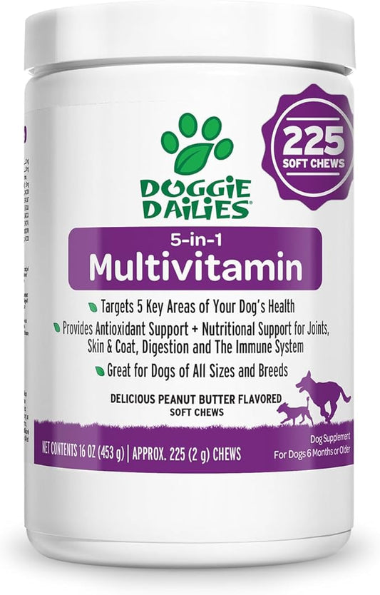 Doggie Dailies 5 in 1 Multivitamin for Dogs, Dog Multivitamin for Skin and Coat Health, Joint Health, Improved Digestion, Antioxidants, Support a Healthy Immune System (Peanut Butter) 225 Soft Chews-PawvioPets