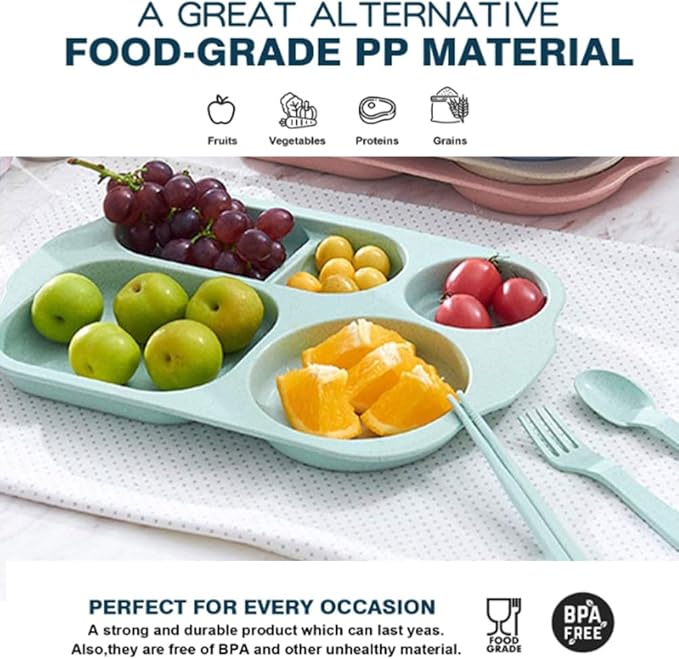 12 Inch Divided Plates4 PCS - Reusable Unbreakable Wheat Straw Plates, Dinnerware Lunch Tray Plates Tableware for Kitchen, Picky Eaters, Campers and Portion Control (Blush)-PawvioPets