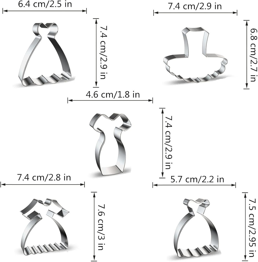 Dress Shaped Cookie Cutters Set of 5 pcs, Stainless Steel Wedding Princess Dress Fondant Cutter Molds Baking DIY