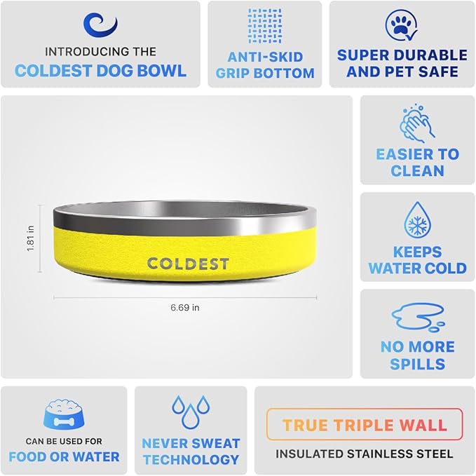 Coldest Dog Bowl - Anti Rust Metal, Non Slip, 3 Layers Insulated Stainless Steel Dog Bowls - Spill Proof & Heavy Duty - Water Bowl for Dogs, Cats & Pets, Dish Washer Safe (21 oz, Solar Yellow)-PawvioPets