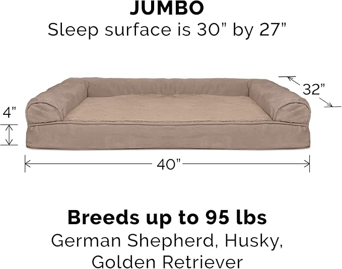 Furhaven Cooling Gel Dog Bed for Large Dogs w/ Removable Bolsters & Washable Cover, For Dogs Up to 95 lbs - Plush & Suede Sofa - Almondine, Jumbo/XL-PawvioPets