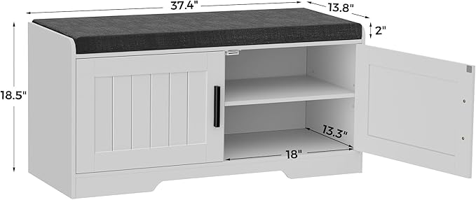 2-Tier Storage Bench, Shoe Bench with Thickened Padded Seat Cushion, Entryway Bench with 2 Doors, Adjustable Shelf, 13.8" D x 37.4" W x 18.5" H, for Entryway, Living Room, Bedroom, White-PawvioPets