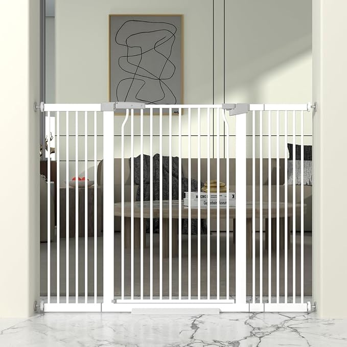 41" Extra Tall Cat Gate for Doorway, 49.2-54.7 Metal Pet Baby Safe Gate, Extra Wide Pressure Mounted Child Door with Expansion Kit, No Drilling No Climb Cat Fence Indoor, Tall Dog Gate, White-PawvioPets