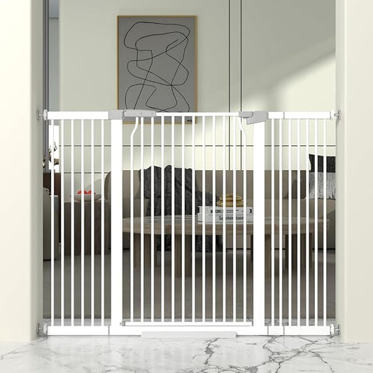 41" Extra Tall Cat Gate for Doorway, 49.2-54.7 Metal Pet Baby Safe Gate, Extra Wide Pressure Mounted Child Door with Expansion Kit, No Drilling No Climb Cat Fence Indoor, Tall Dog Gate, White-PawvioPets