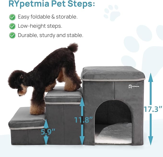 Foldable Pet Stairs for Beds & Sofas - Non-Slip Dog Steps with Storage for Small to Medium Dogs & Cats, Supports up to 120 lbs - Durable 2 & 3-Step Doggie Ladder for Easy Access-PawvioPets