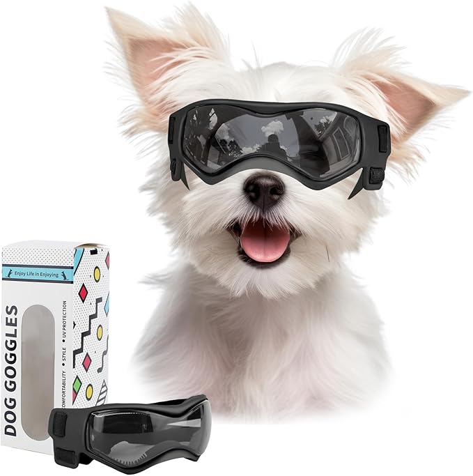 Dog Goggles Dog Sunglasses for Small Breed UV Protection Windproof with Adjustable Head Straps Chin Straps for Ride Car/Hiking Travel/On Beach-Black-PawvioPets
