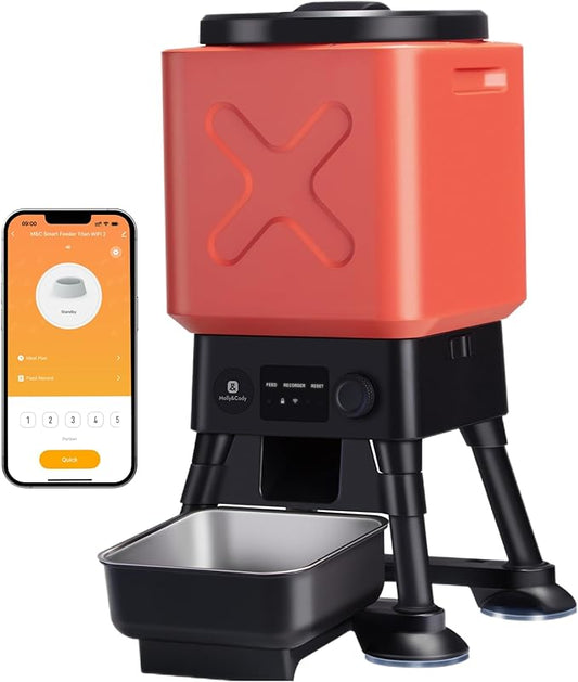 Automatic Dog Feeder for Large Dogs, 14L Capacity, Remote Feeding, Anti-Blockage System, Timed Auto Dog Food Dispenser, 2.4G WiFi App Control，Dual Power Supply,Stainless Steel Bowl-PawvioPets