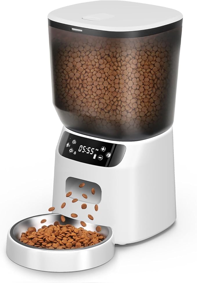 Automatic Cat Feeder, Cat Food Dispenser with Stainless Steel Bowl, Timed Portion Control 20 Portions 6 Meals Per Day, Voice Recorder, Dual Power Supply for Small Dogs (White)-PawvioPets
