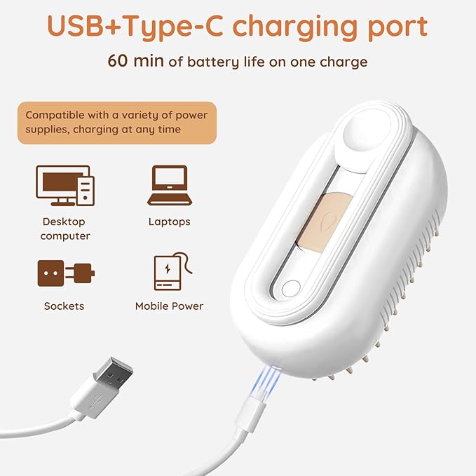 GKZ Cat Steam Brush, 3 in 1 Pet Comb for Massage, Cleaning, Shedding and Combing, Electric Mist to Prevent Flyaways for Home, Dogs and Cat Lovers - White-PawvioPets