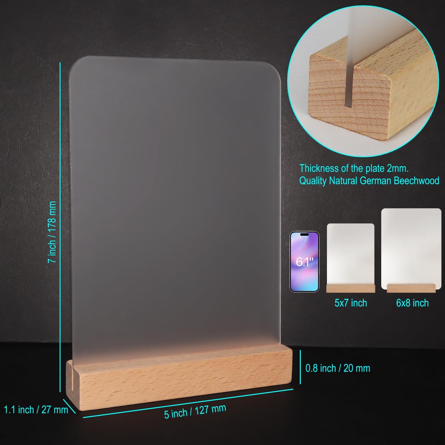 Frosted Blank Rectangle Acrylic Sign with Wooden Stands - 10 Pack DIY Customizable Sign Kit for Wedding Table Numbers, Restaurant Party Bridal Shower (5x7 Inch)