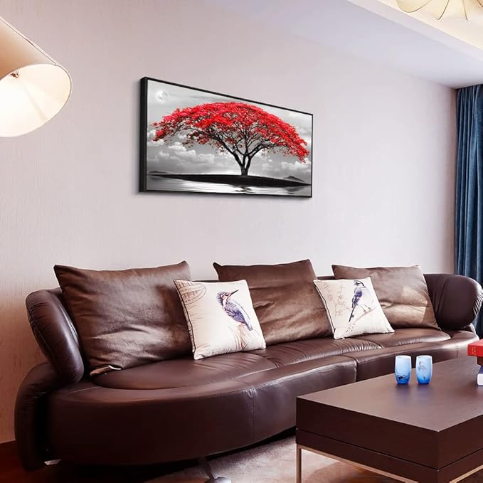 Framed Canvas Wall Art For Living Room Bathroom Wall Decor Black And White Landscape Red Tree Moon Scenery Hang Painting Home Decorations For Office Bedroom Kitchen Works Canvas Prints Pictures-PawvioPets