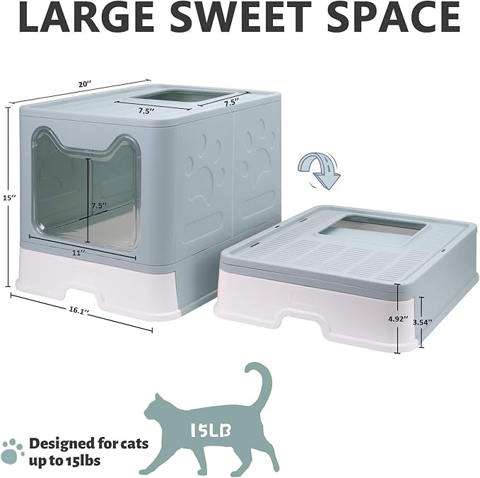 Foldable Cat Litter Box with Lid, Enclosed Potty, Large Top Entry Anti-Splashing Toilet, Easy to Clean Including Litter Scoop and 2-in-1 Cleaning Brush (Blue)-PawvioPets