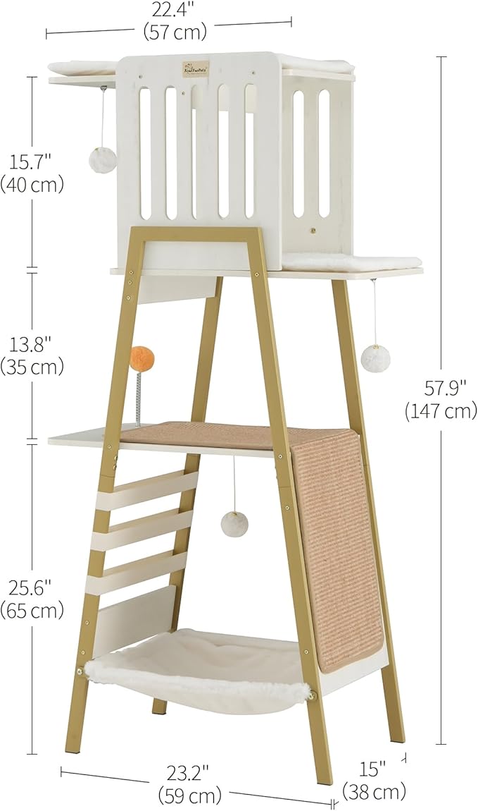 FourFurPets Modern Cat Tree, 58-Inch Cat Tower for Large Cats, Maine Coon Cat Tree with Scratching Board, Large Perch, Hammock and Removable Pads, White-PawvioPets