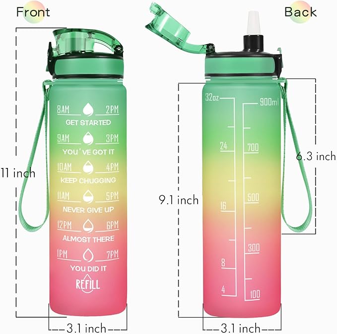 Enerbone Water Bottle, Leakproof BPA & Toxic Free, Motivational Water Bottle with Times to Drink and Straw, Fitness Sports Water Bottle with Strap for Office, Gym, Outdoor Sports-PawvioPets