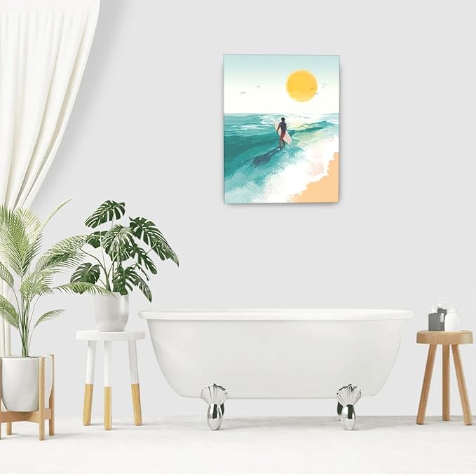 Beach Surfing Wall Art Ocean Coastal Wave Canvas Wall Decor Summer Nature Seascape Pictures Painting Print Framed Artwork Decorations for Bathroom Living Room Office Bedroom 16"x20"-PawvioPets