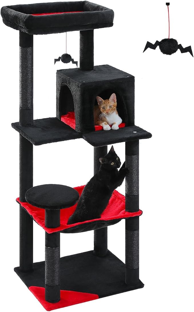 Gothic Cat Tree with Super Large Hammock, 56.3" Black Cat Tower with Coffin Bed, Cat Condo, Sisal Scratching Posts & Top Perch, Multi-Level Goth Cat Tree, Halloween, Black-PawvioPets