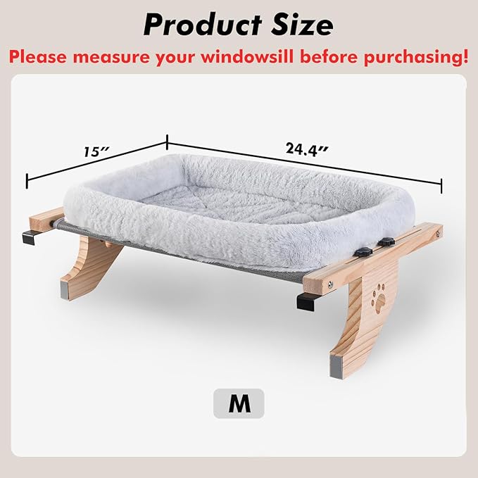 AMOSIJOY Cat Sill Window Perch Sturdy Hammock Window Seat with Cushion Cover, Wood & Metal Frame for Large Cats, Easy to Adjust Cat Bed for Windowsill, Bedside, Drawer and Cabinet (L)-PawvioPets
