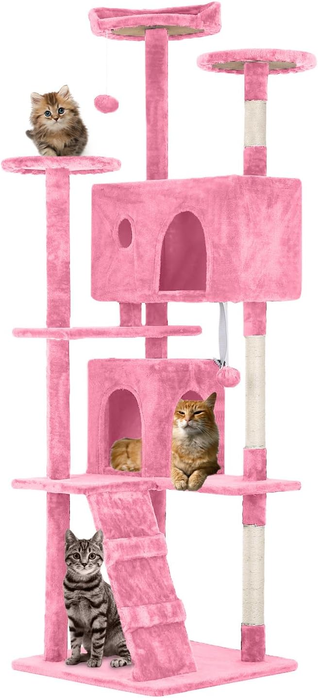 70 inches Cat Tower for Indoor Cats Multi-Level Cat Condos for XL Cat Tree Cat Climbing Tower with Scratching Posts, Hanging Toys,Pink-PawvioPets