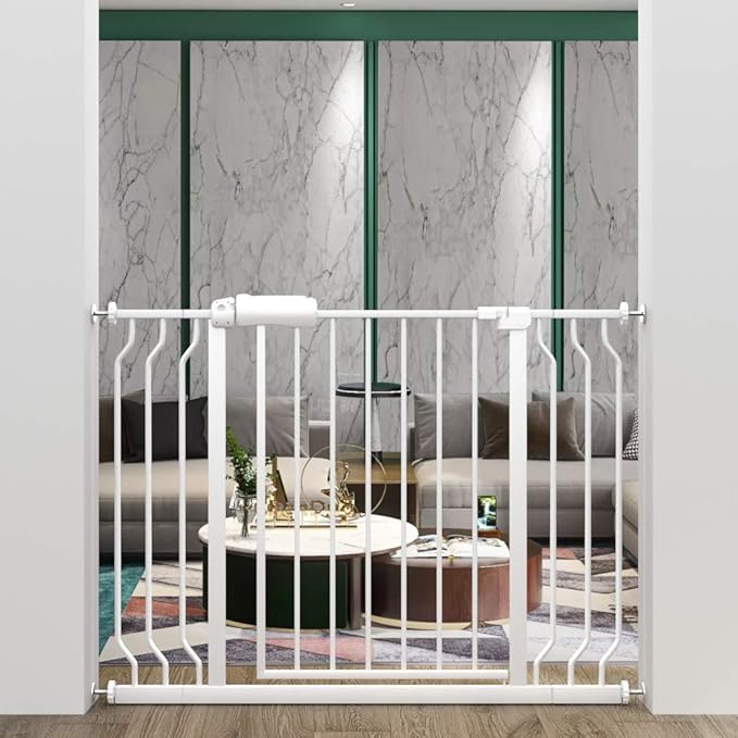 ALLAIBB Extra Wide Pressure Mounted Baby Gate Walk Through Child Kids Safety Toddler Tension White Long Large Pet Dog Gates with Extension for doorways Kitchen (38.58-43.31"/98-110cm)-PawvioPets