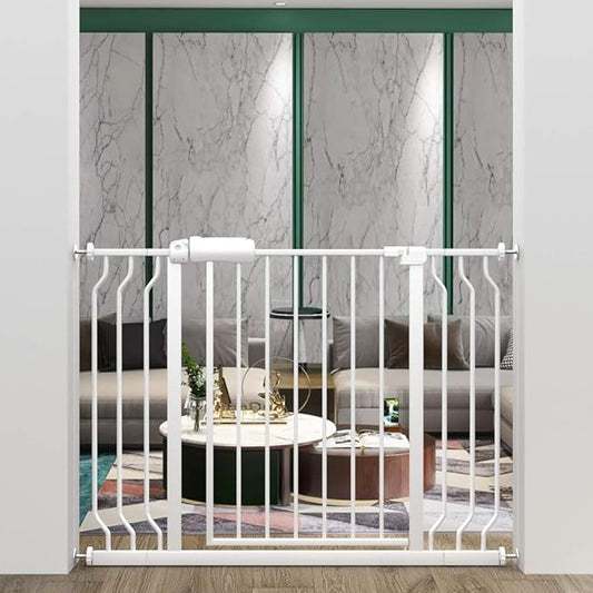 ALLAIBB Extra Wide Pressure Mounted Baby Gate Walk Through Child Kids Safety Toddler Tension White Long Large Pet Dog Gates with Extension for doorways Kitchen (38.58-43.31"/98-110cm)-PawvioPets